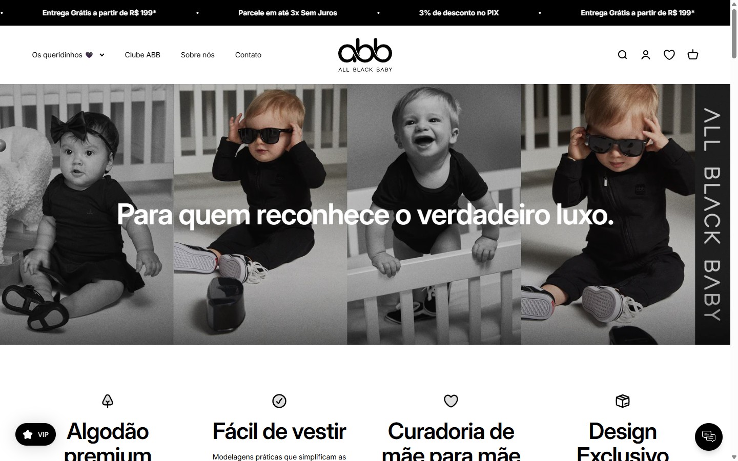 Loja Shopify All Black Baby, moda infantil minimalista desenvolvida pela Reverbo & Co